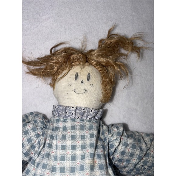 Vintage Cloth Rag Doll unruly hair Gingham dress painted face has some stains - Picture 2 of 8